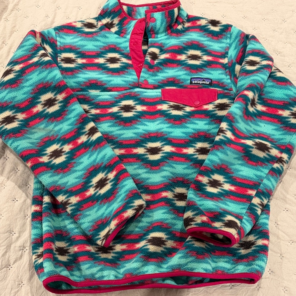 Patagonia Teal and Hot Pink Patterned Fleece